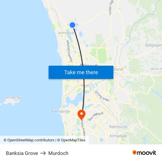 Banksia Grove to Murdoch map