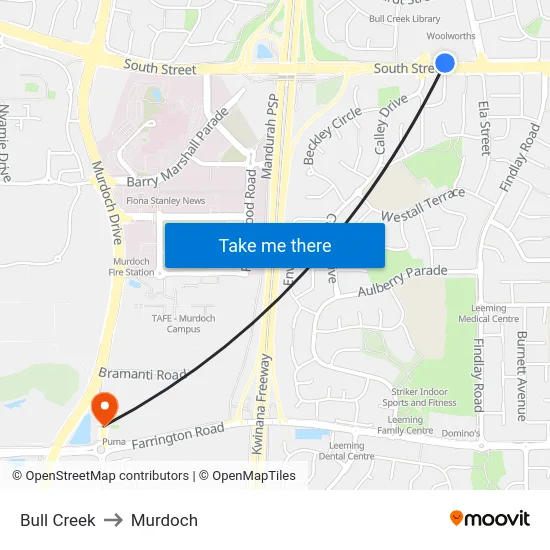 Bull Creek to Murdoch map