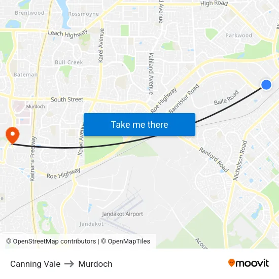 Canning Vale to Murdoch map