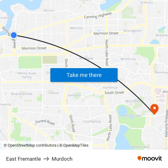 East Fremantle to Murdoch map