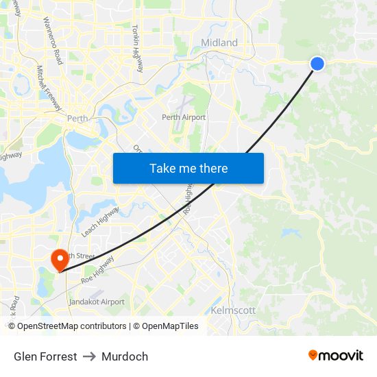 Glen Forrest to Murdoch map