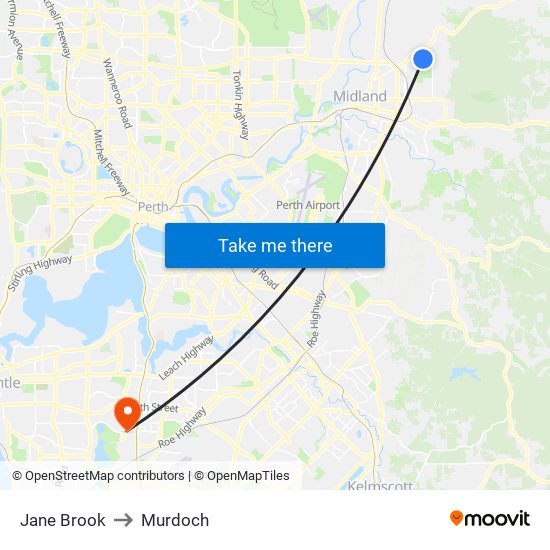 Jane Brook to Murdoch map