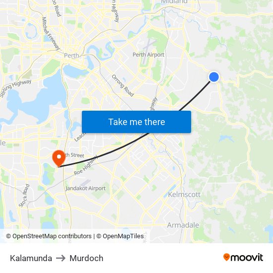 Kalamunda to Murdoch map