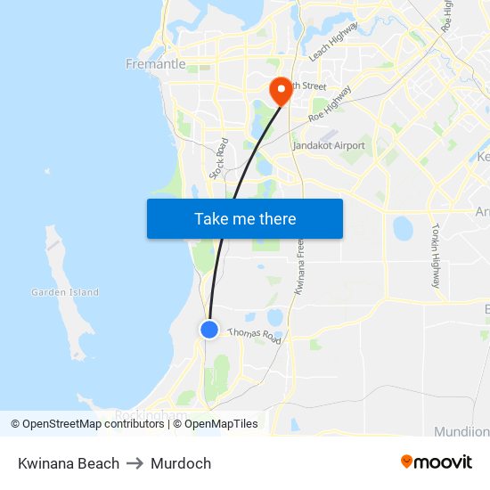 Kwinana Beach to Murdoch map