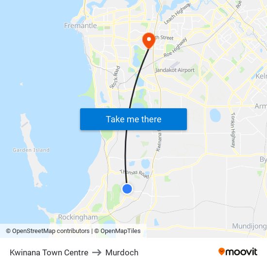 Kwinana Town Centre to Murdoch map