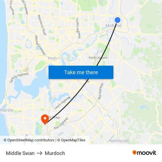 Middle Swan to Murdoch map