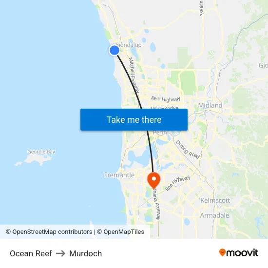 Ocean Reef to Murdoch map