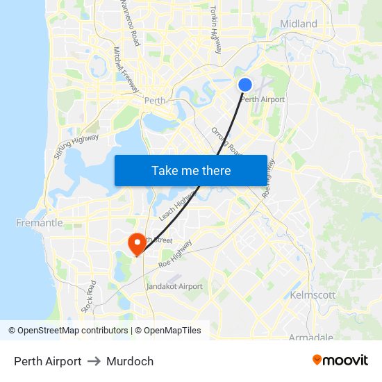 Perth Airport to Murdoch map