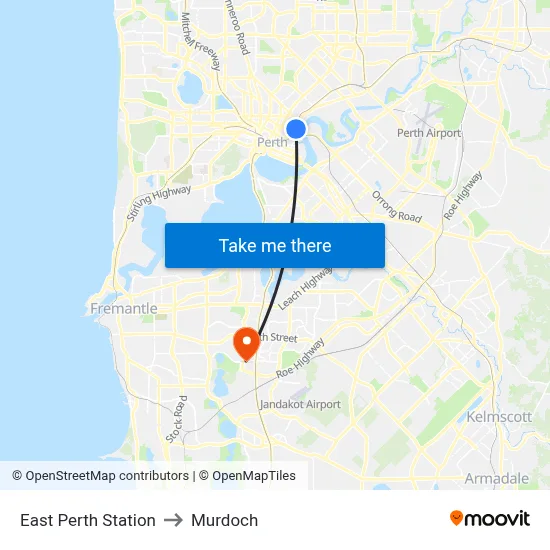 East Perth Station to Murdoch map