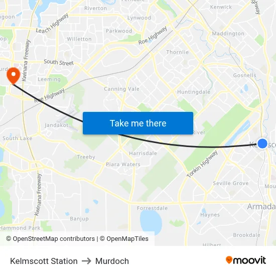 Kelmscott Station to Murdoch map