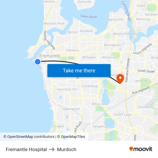 Fremantle Hospital to Murdoch map
