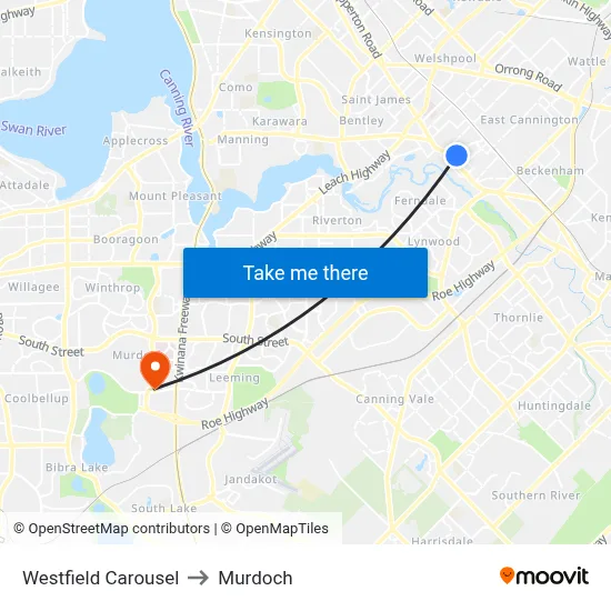 Westfield Carousel to Murdoch map