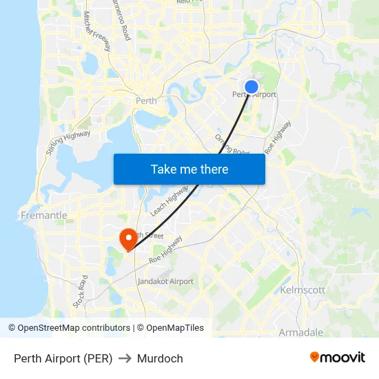 Perth Airport (PER) to Murdoch map