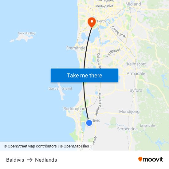 Baldivis to Nedlands map