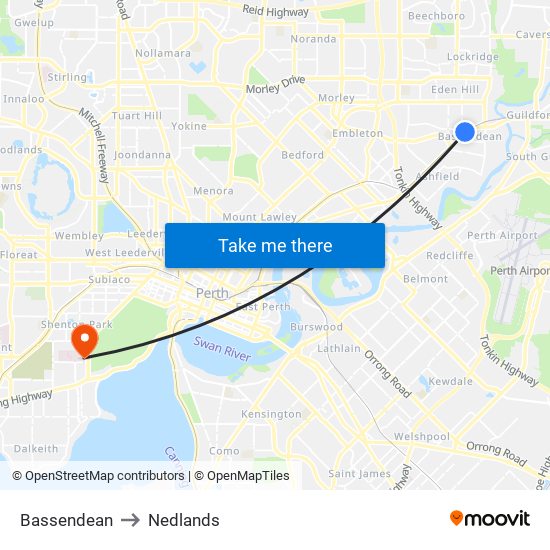 Bassendean to Nedlands map