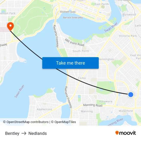 Bentley to Nedlands map