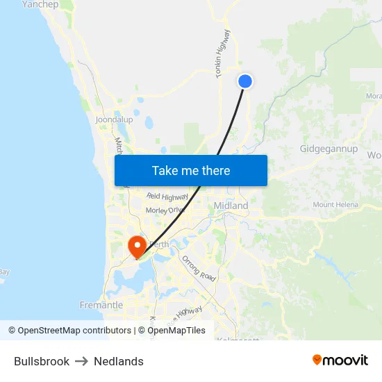 Bullsbrook to Nedlands map