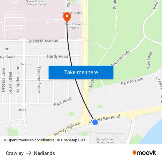 Crawley to Nedlands map