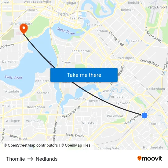 Thornlie to Nedlands map
