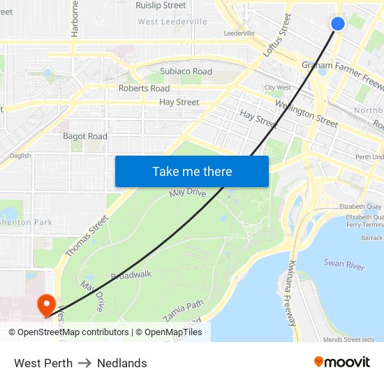 West Perth to Nedlands map