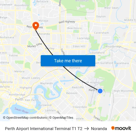Perth Airport International Terminal T1 T2 to Noranda map