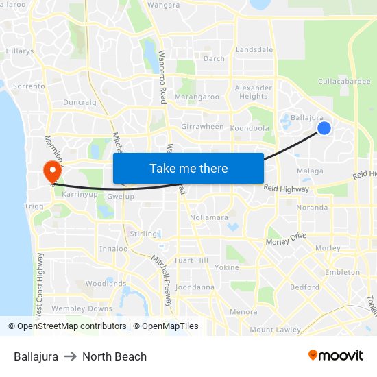 Ballajura to North Beach map