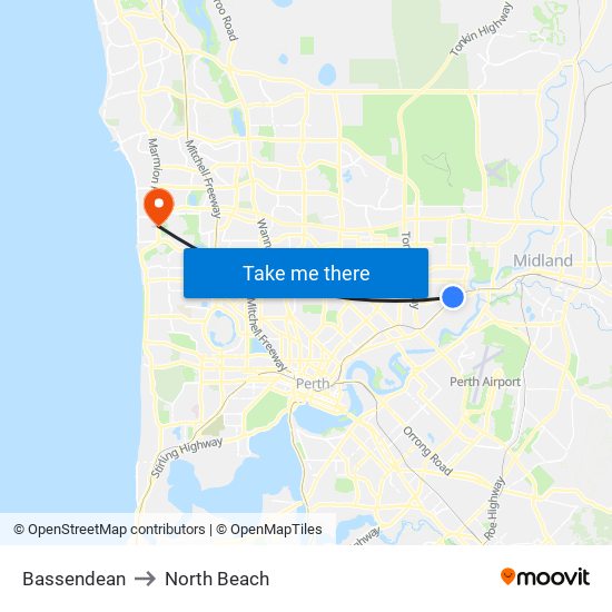 Bassendean to North Beach map