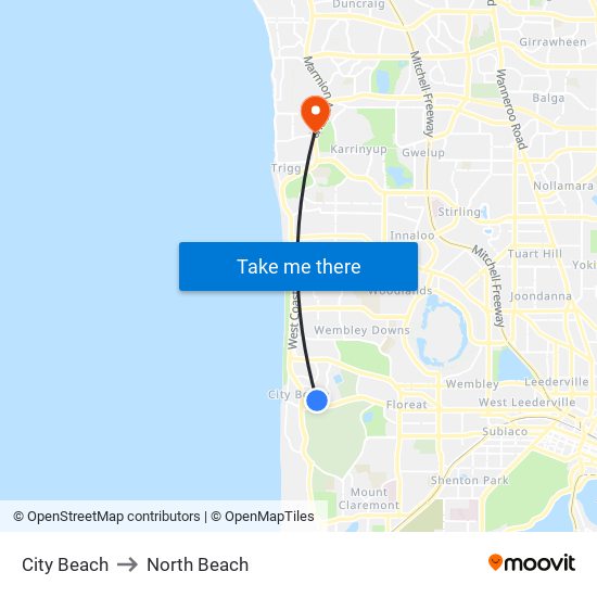 City Beach to North Beach map