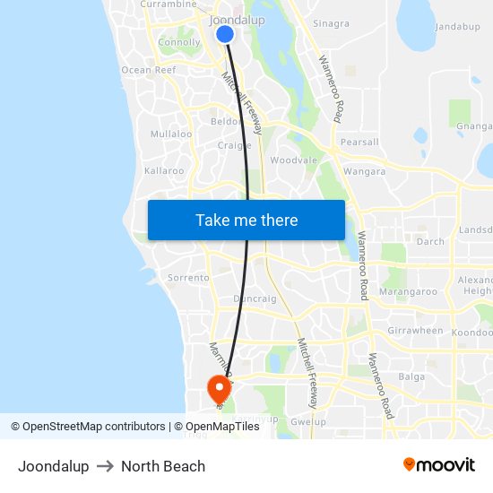 Joondalup to North Beach map