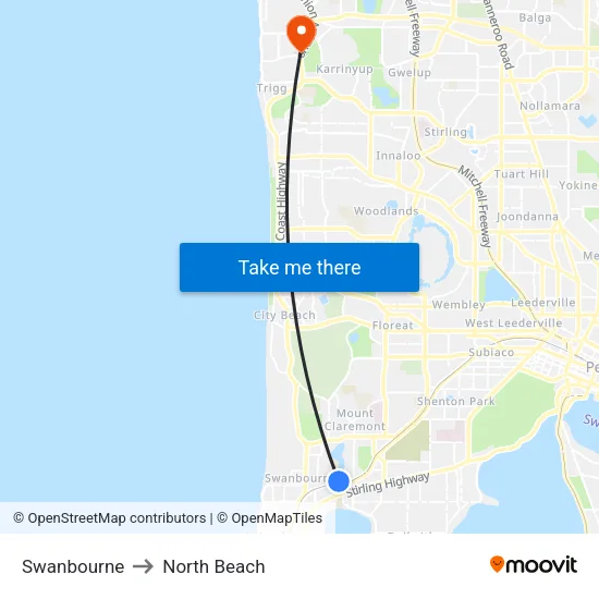 Swanbourne to North Beach map