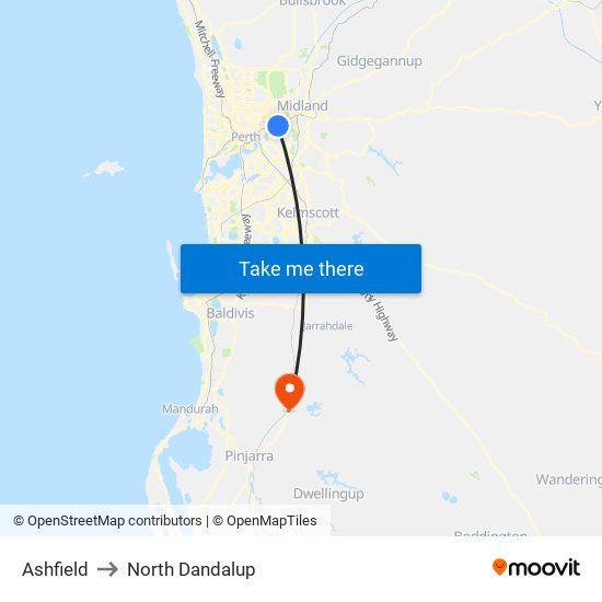 Ashfield to North Dandalup map