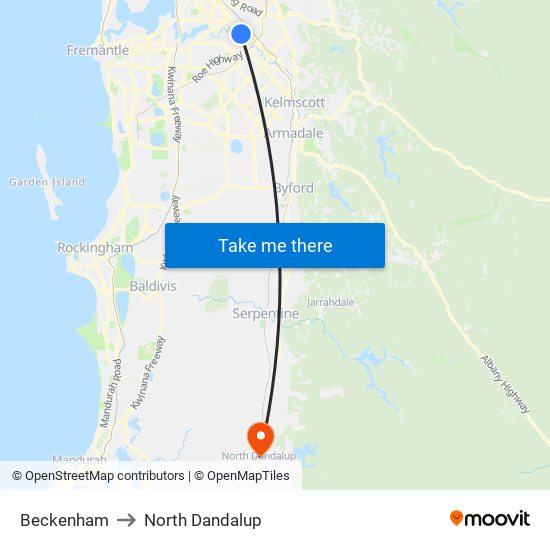 Beckenham to North Dandalup map