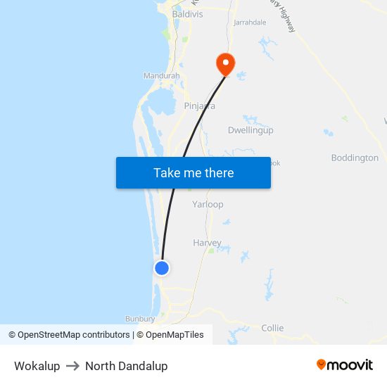 Wokalup to North Dandalup map