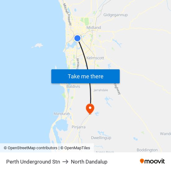 Perth Underground Stn to North Dandalup map