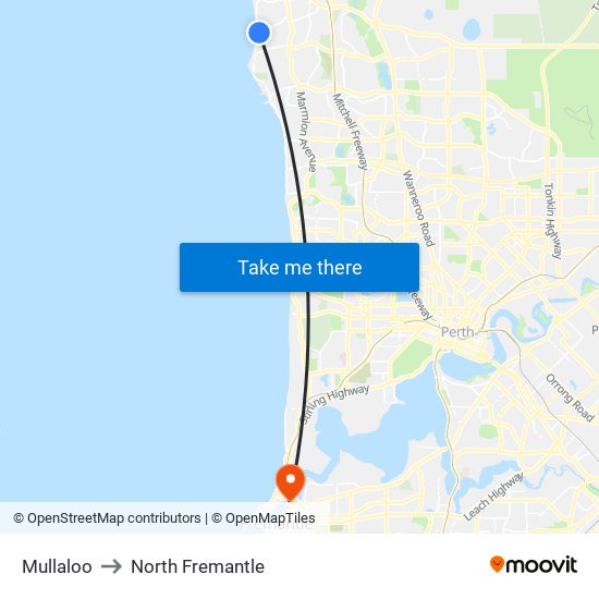 Mullaloo to North Fremantle map