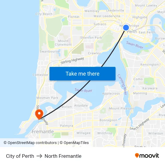 City of Perth to North Fremantle map