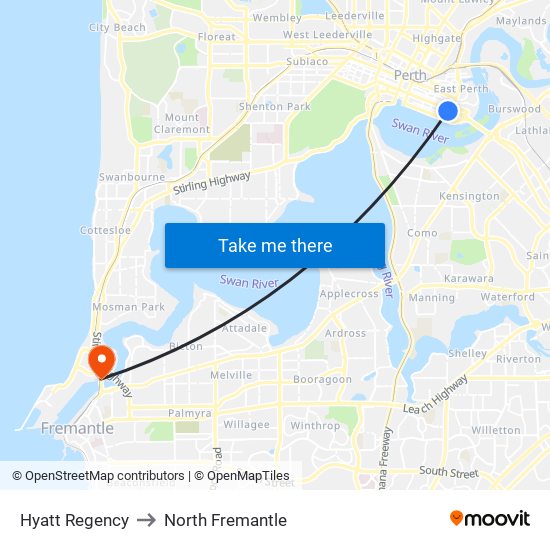 Hyatt Regency to North Fremantle map