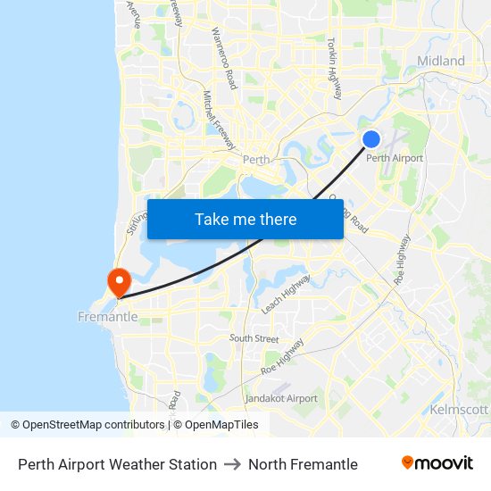 Perth Airport Weather Station to North Fremantle map