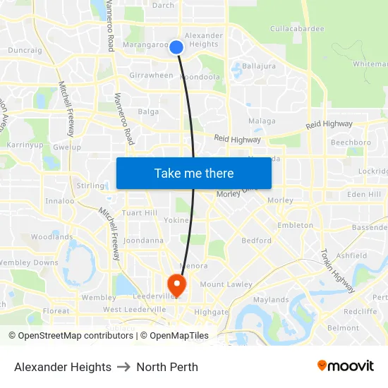 Alexander Heights to North Perth map