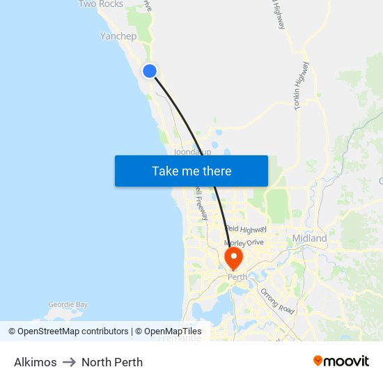 Alkimos to North Perth map