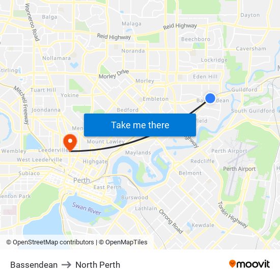 Bassendean to North Perth map