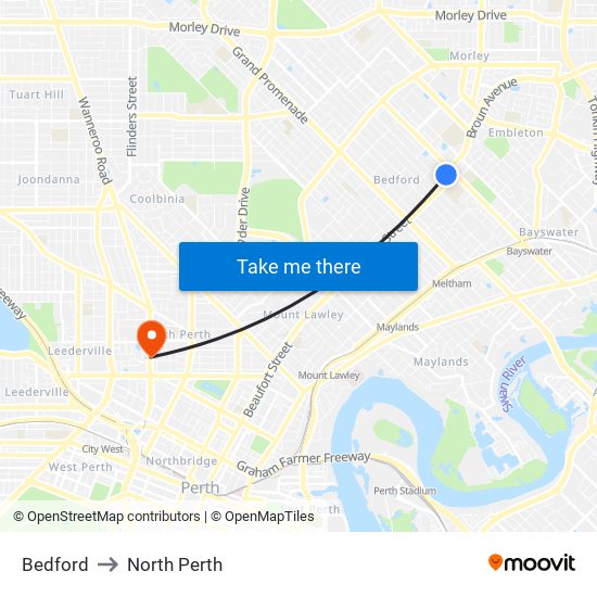 Bedford to North Perth map