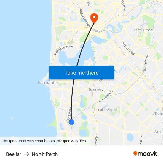 Beeliar to North Perth map