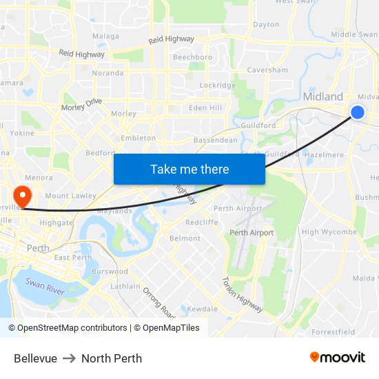 Bellevue to North Perth map