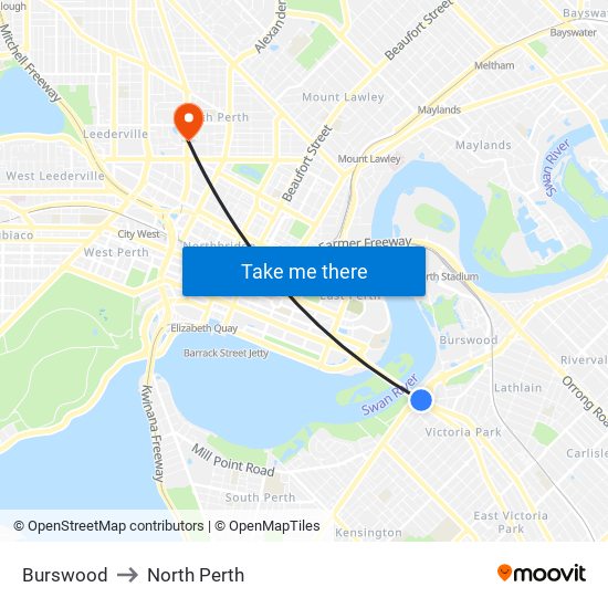 Burswood to North Perth map