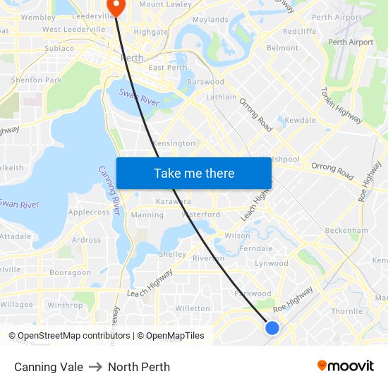 Canning Vale to North Perth map