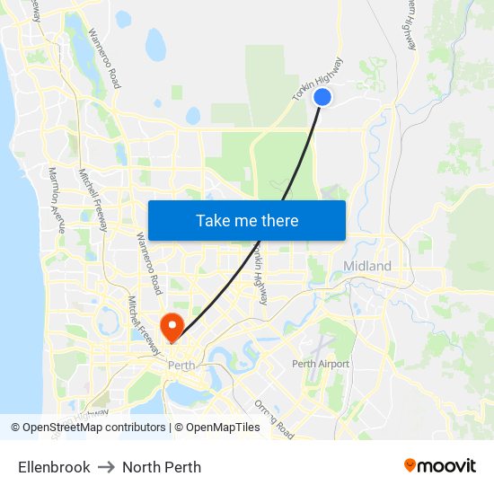 Ellenbrook to North Perth map