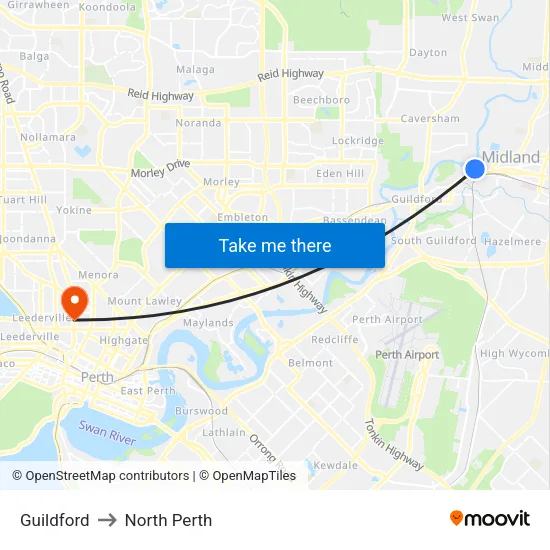 Guildford to North Perth map