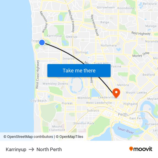 Karrinyup to North Perth map