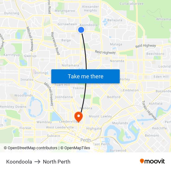 Koondoola to North Perth map